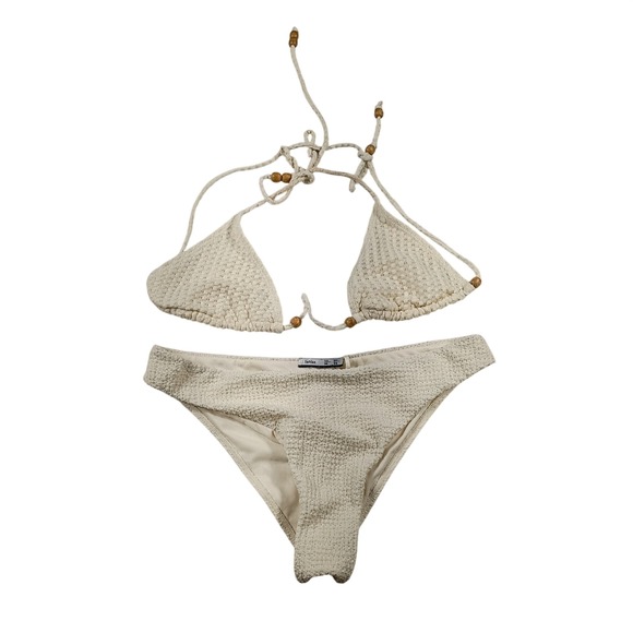 Lefties Other - Lefties Bikini Set Women Size M Cream Excellent Textured Wood Bead Triangle Boho